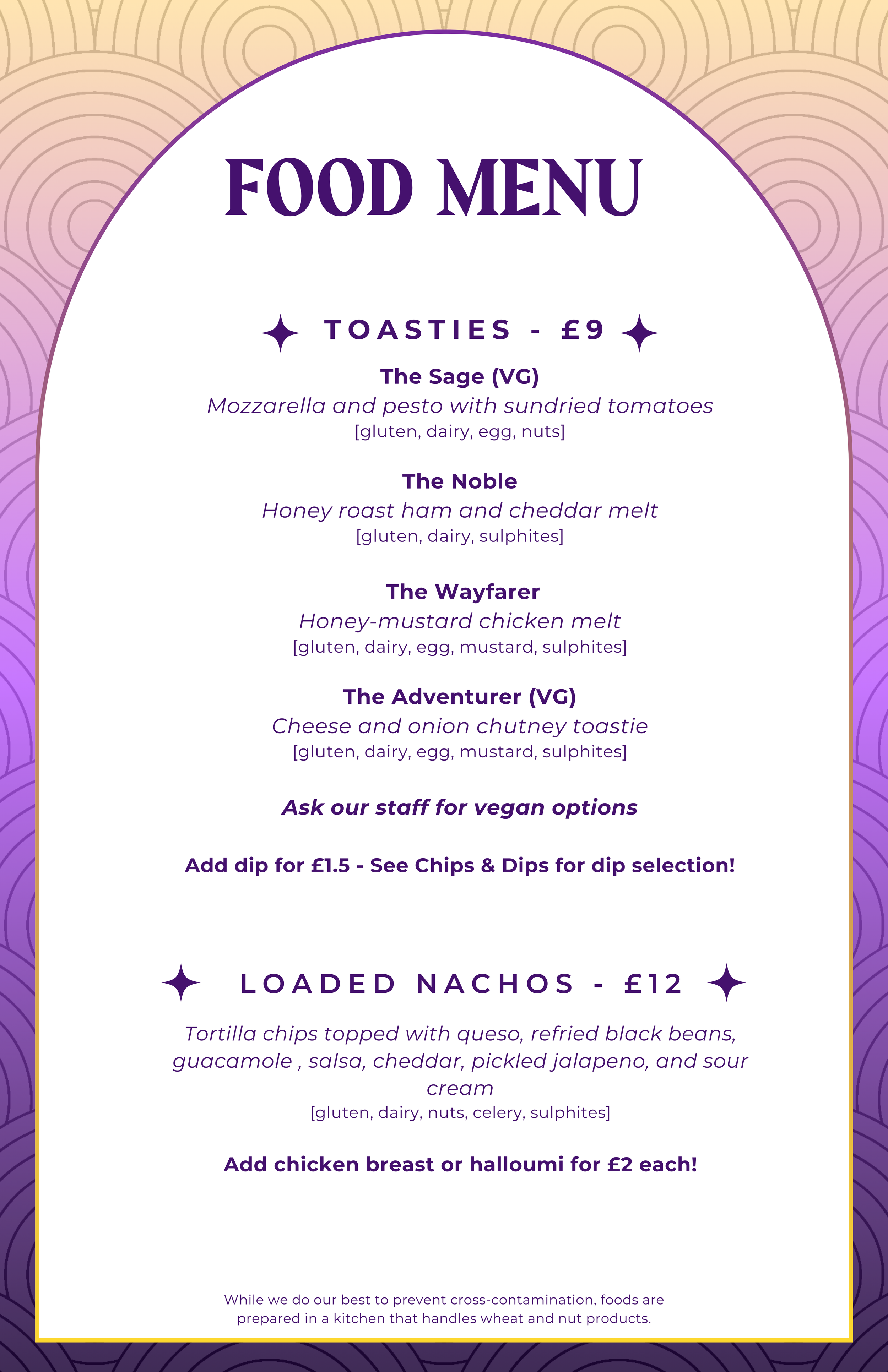 A colorful food menu featuring toasties and loaded nachos with various ingredients and pricing.