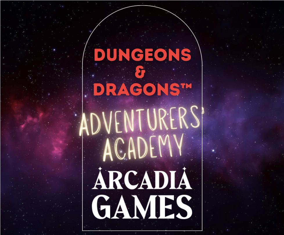 Poster for Dungeons & Dragons Adventurers' Academy event with sold-out warning and extra dates available, set against a starry cosmic background.