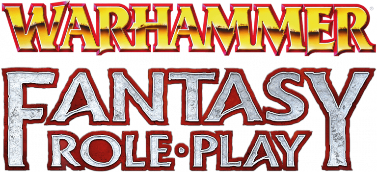 Logo of Warhammer Fantasy Roleplay game with stylized text in bold red, yellow, and gray colors.