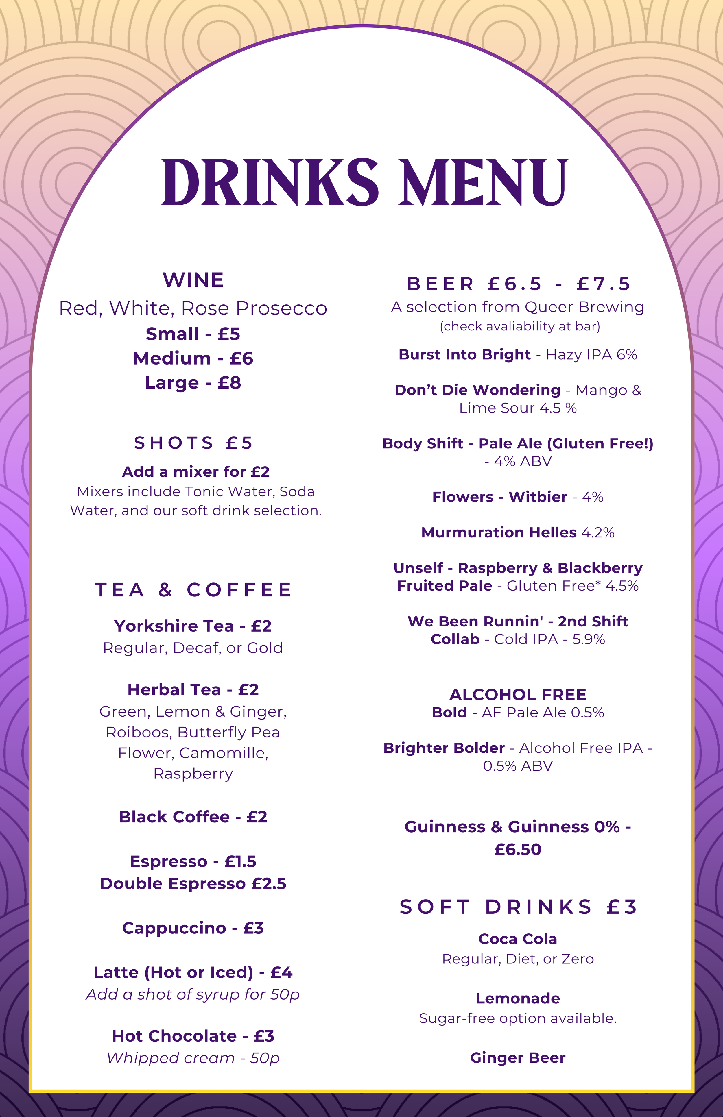 A drinks menu with various alcoholic and non-alcoholic beverages listed, including wines, shots, teas, coffees, beers, and soft drinks, with prices and descriptions.