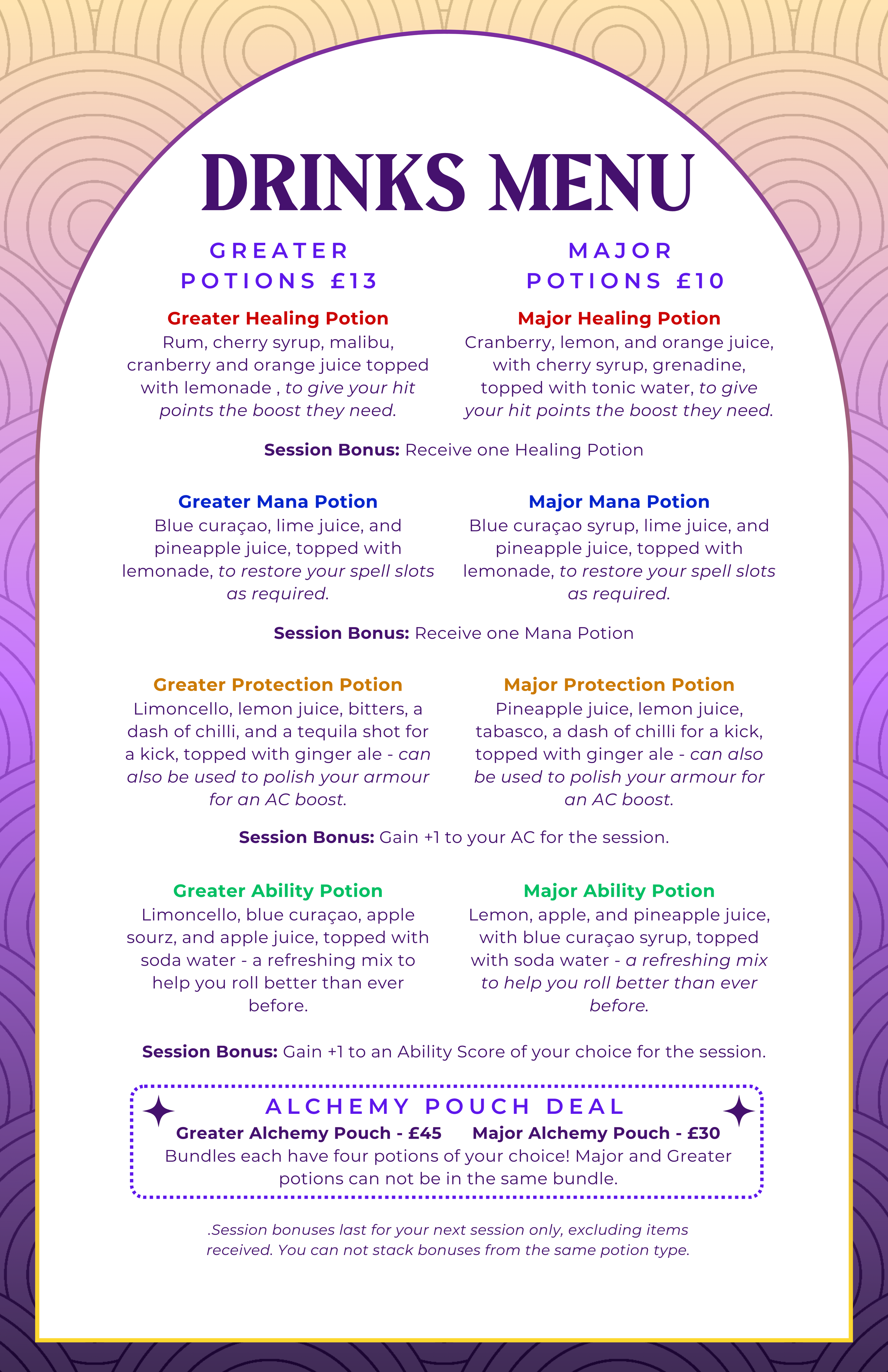 Drinks menu with potion options, including Greater Healing, Major Healing, Greater Mana, Major Mana, Greater Protection, Major Protection, Greater Ability, and Major Ability potions, with prices and descriptions, and a potion bundle offer at the bottom.