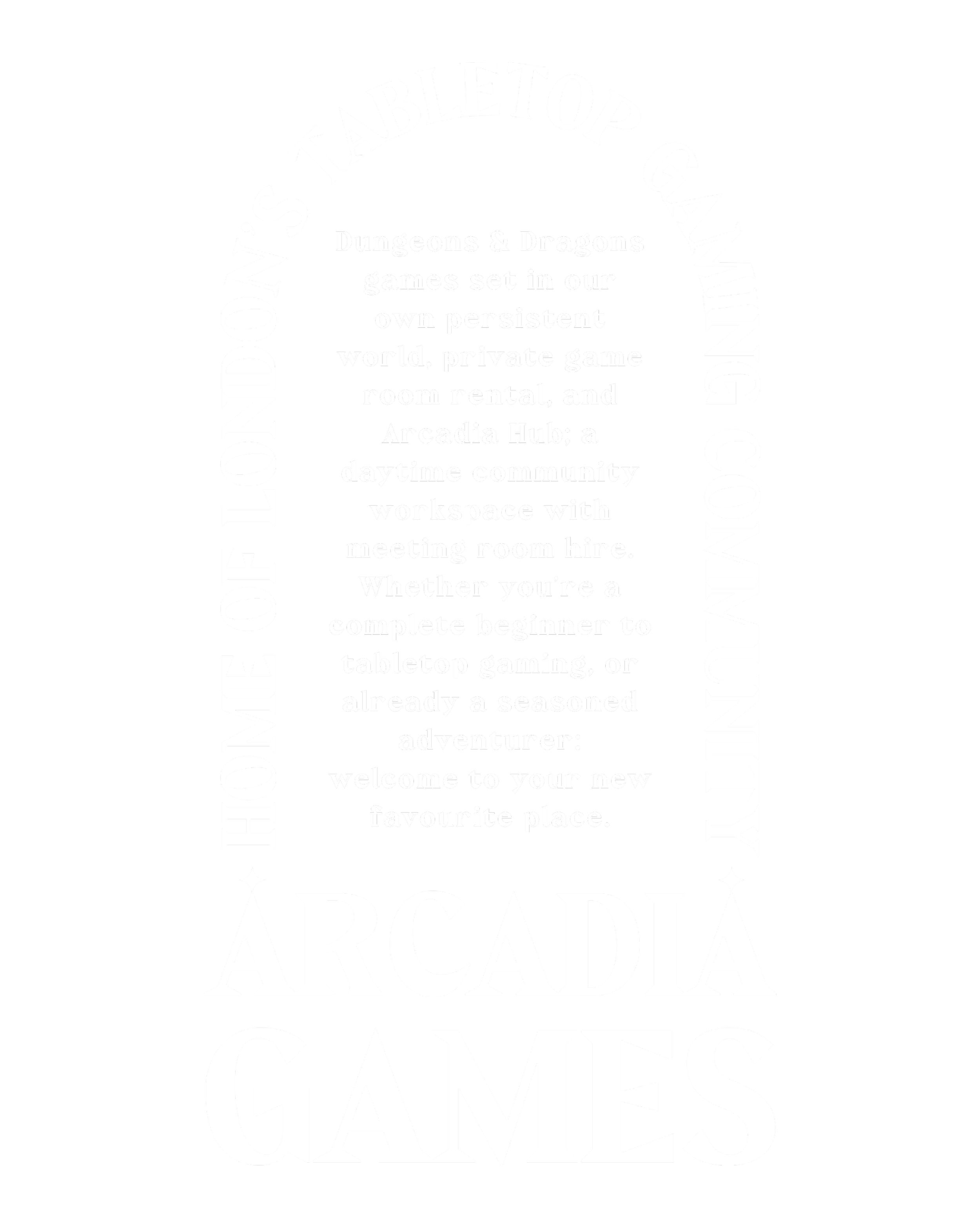 Text promoting Arcadia Games, a venue offering Dungeons & Dragons and other tabletop games, private game rooms, and community workspace with meeting room hire.