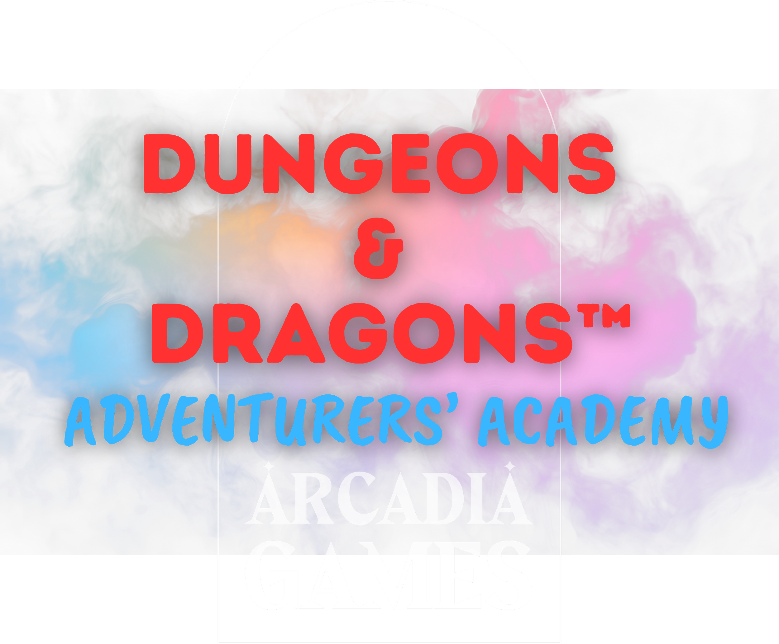 Title screen for Dungeons & Dragons Adventure's Academy arcadia games with colorful smoky background