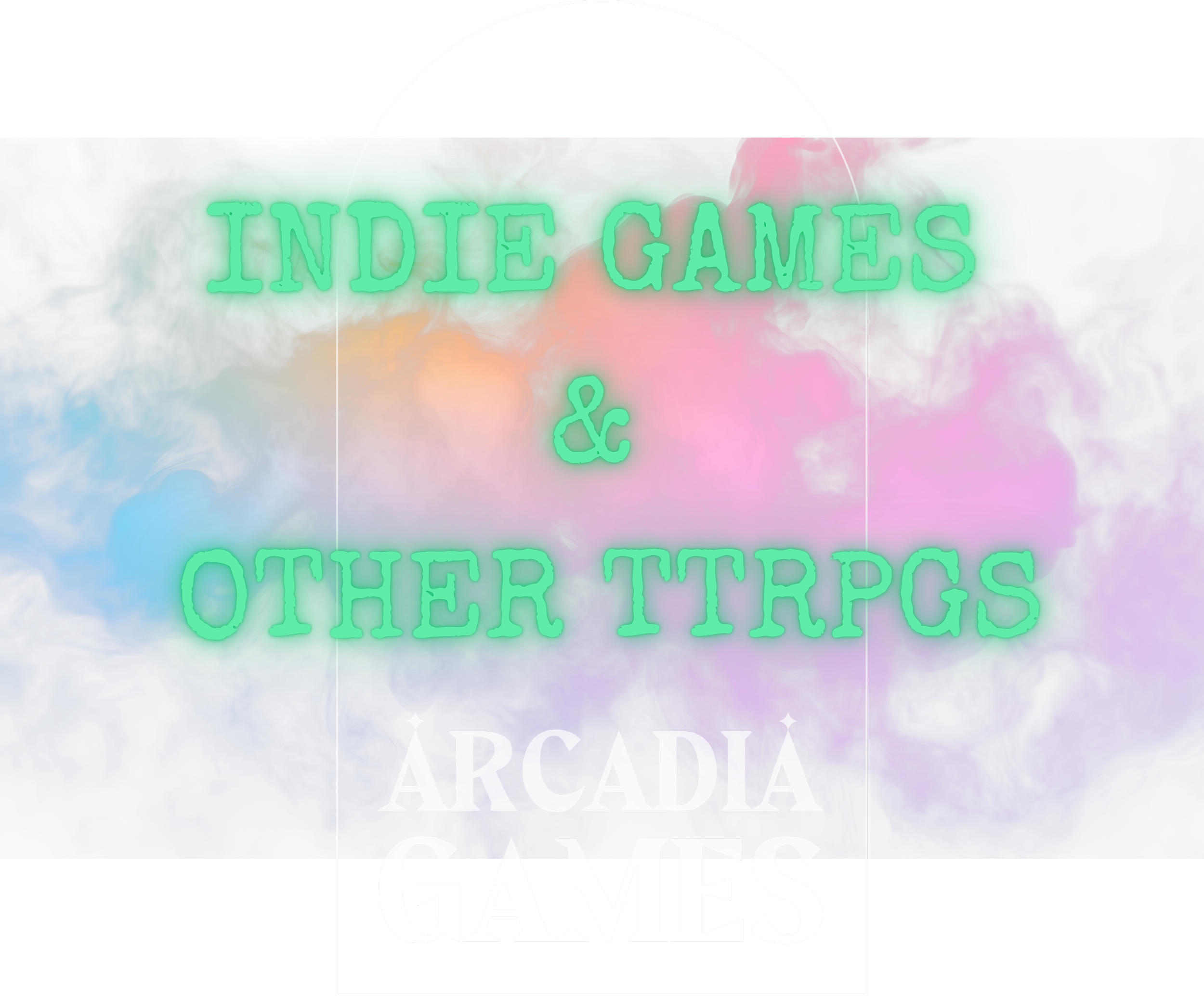 Neon sign reading 'Indie Games & Other Trips' with colorful smoke background, and 'Arcadia Games' written at the bottom.