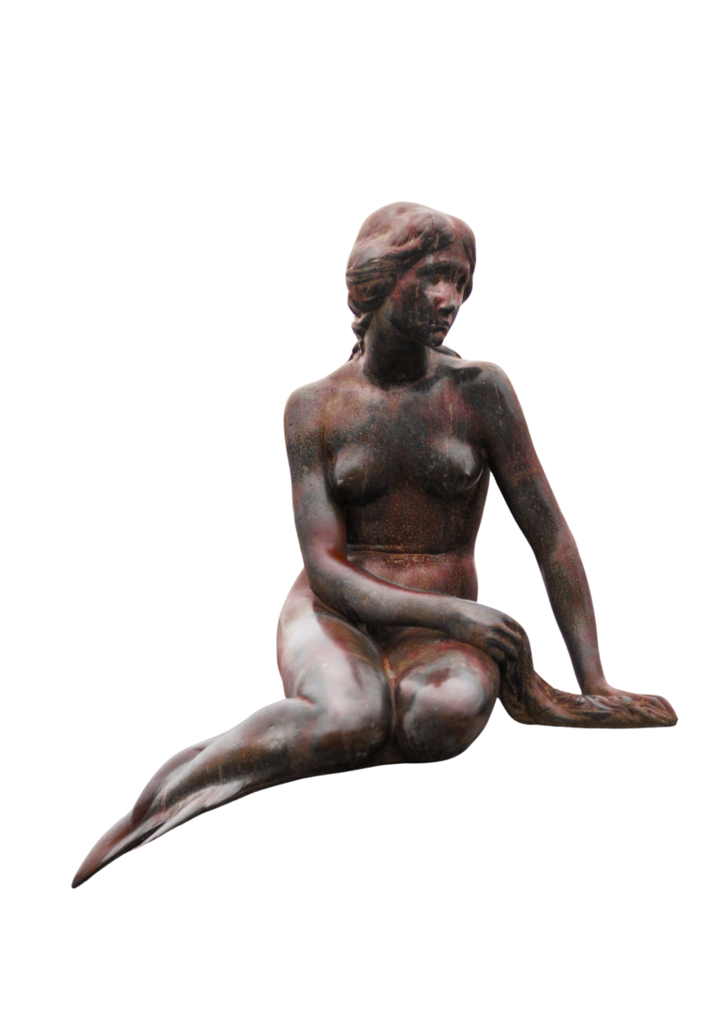 A sculpture of Hans Christian Andersen's the little mermaid with her head turned to the side, made of a glossy, marbled material in shades of brown, black, and cream.