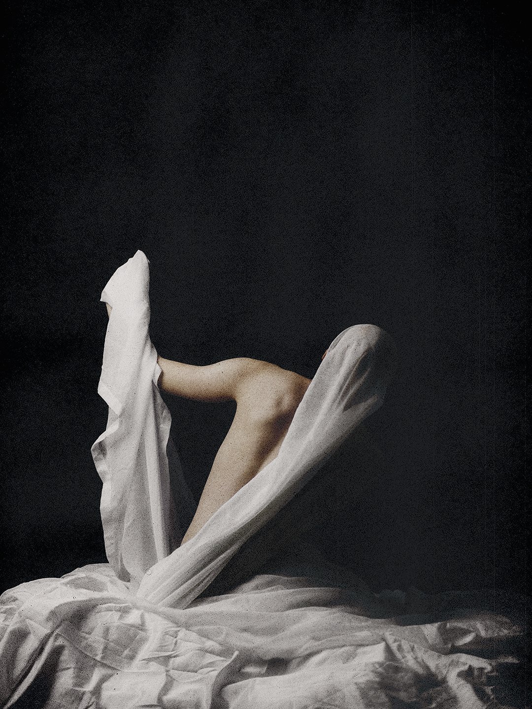 Artistic depiction of a person draped in white fabric against a dark background.