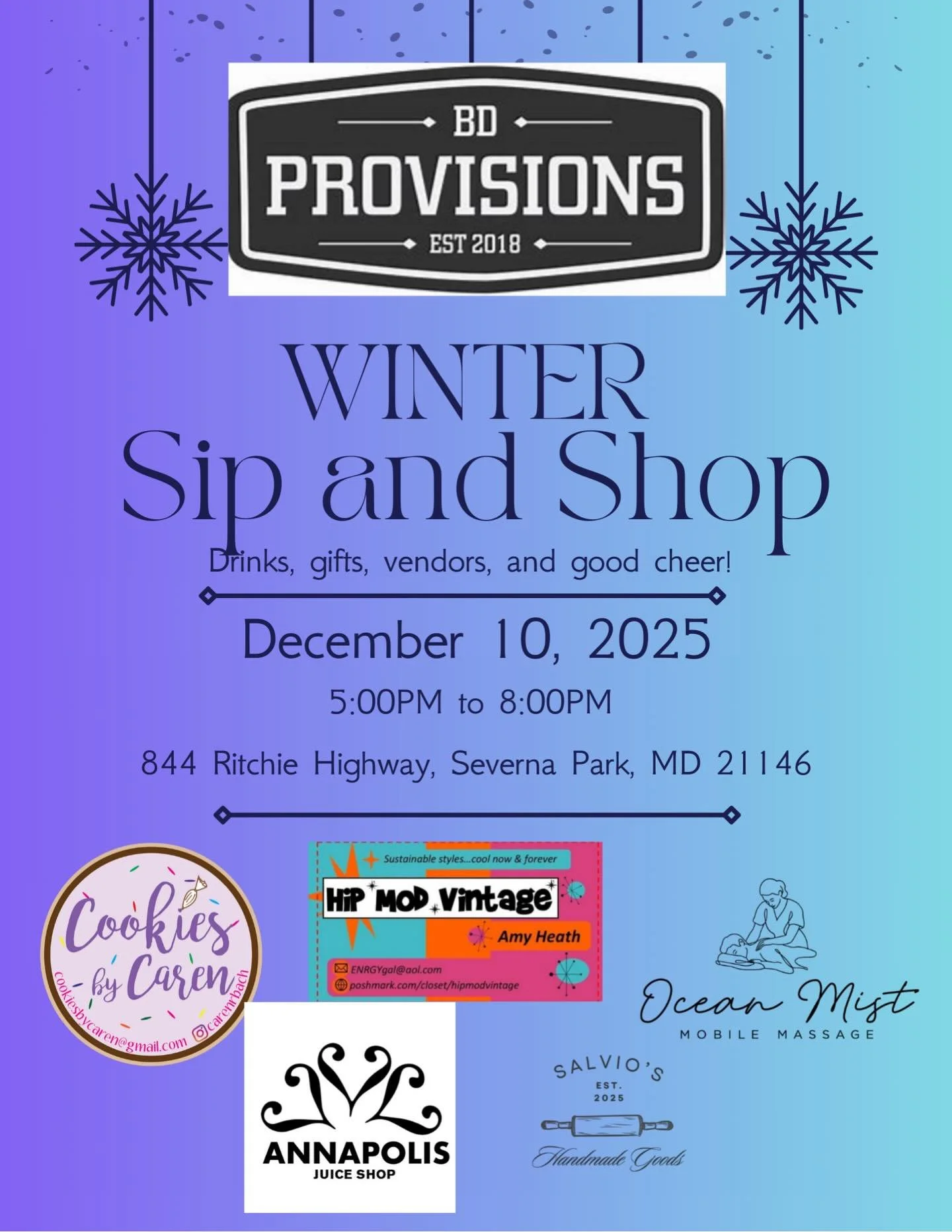 Shop local for the holiday season ❄️✨ Join me and other local vendors at BD Provisions next Wednesday, 12/10/2025 from 5 PM-8 PM 

📍844 Ritchie Hwy, Severna Park, MD