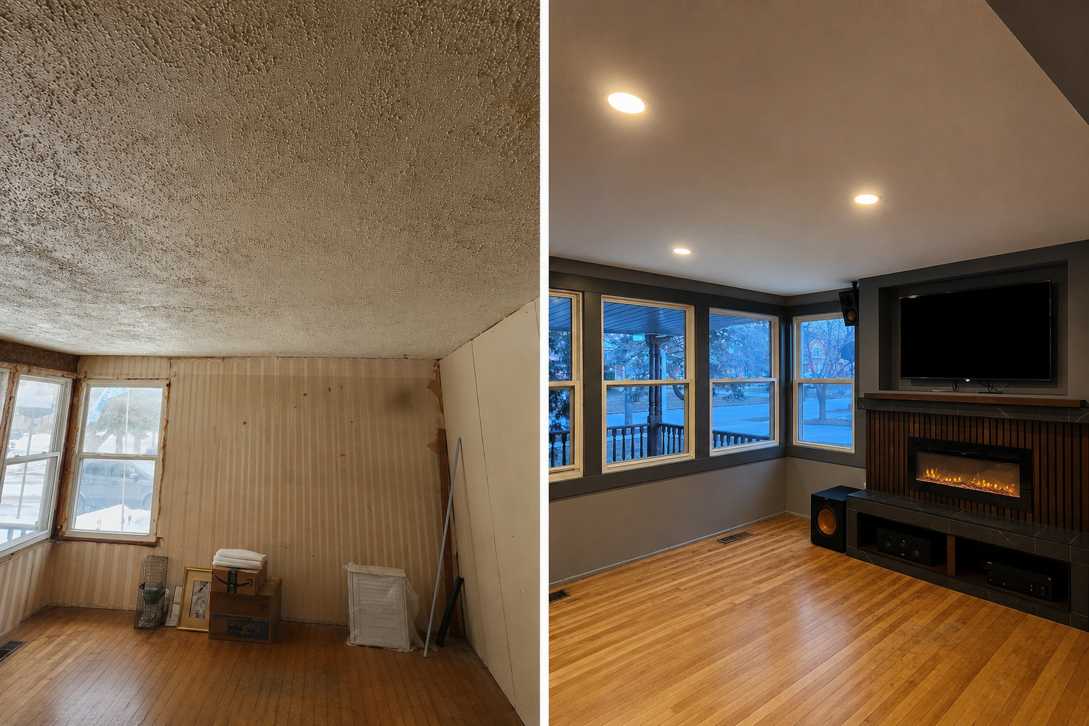 Before and after living room renovation featuring a modern fireplace, a custom walnut slatwall and slate tile entertainment center,  updated finishes and modern casing and hardwood flooring.