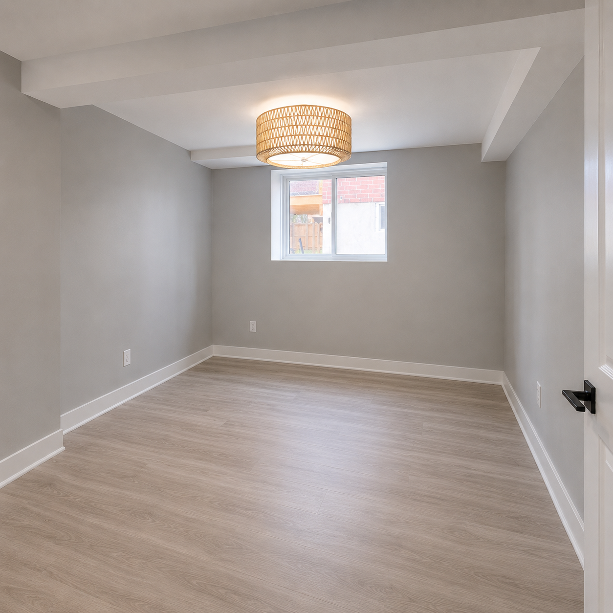 Spacious basement bedroom with large egress window and contemporary lighting