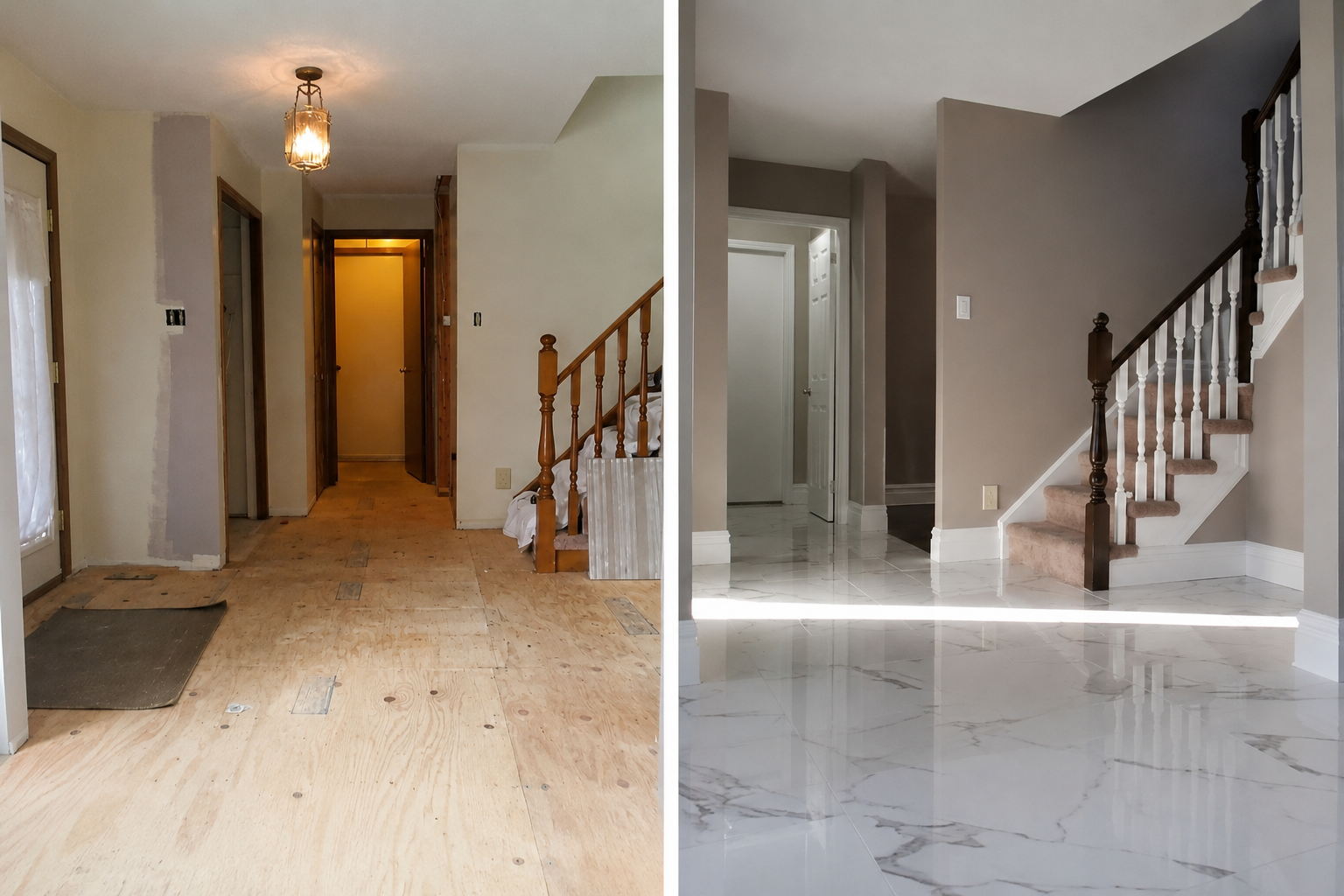 Side by side comaprison of a premium interior renovation showing new large format tile floors, update staircase, refinished walls and new trim.