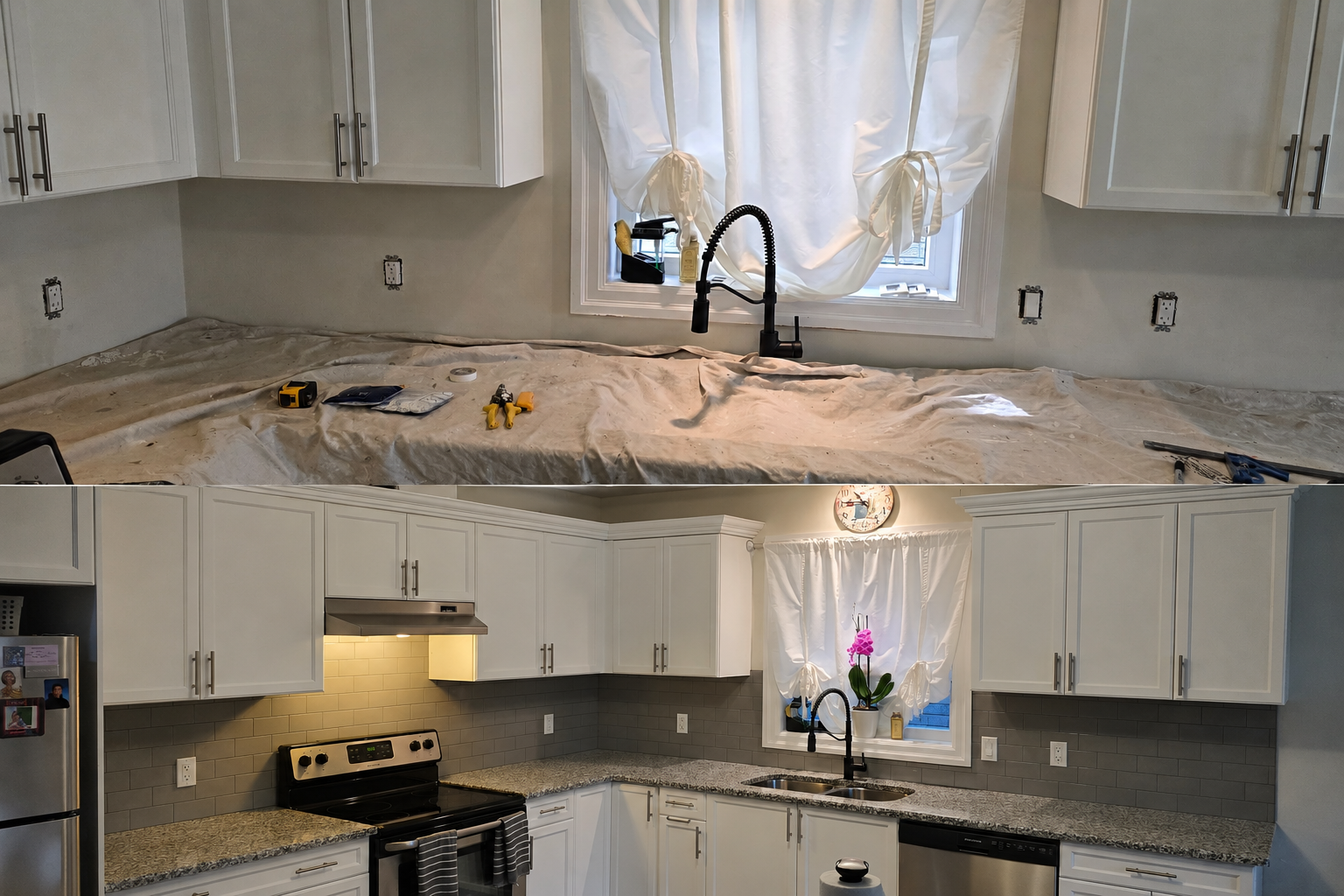 Comparison photo of a kitchen under renovation: top shows the space with incomplete white cabinets, unfinished walls, and a work area, while the bottom displays the completed kitchen with white cabinets, granite countertops, gray backsplash tiles, a stove, and a window with a curtain.
