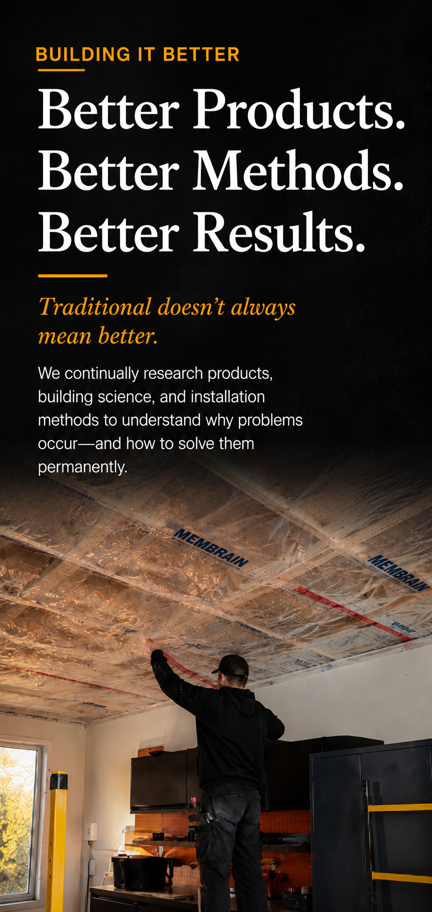 Installing a smart vapor barrier and attic insulation to improve energy efficiency, comfort and sound reduction during a garage mold remediation and renovation.