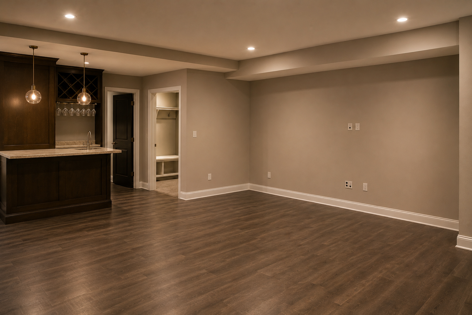 image represents an empty recroom with a wetbar and pendant lights