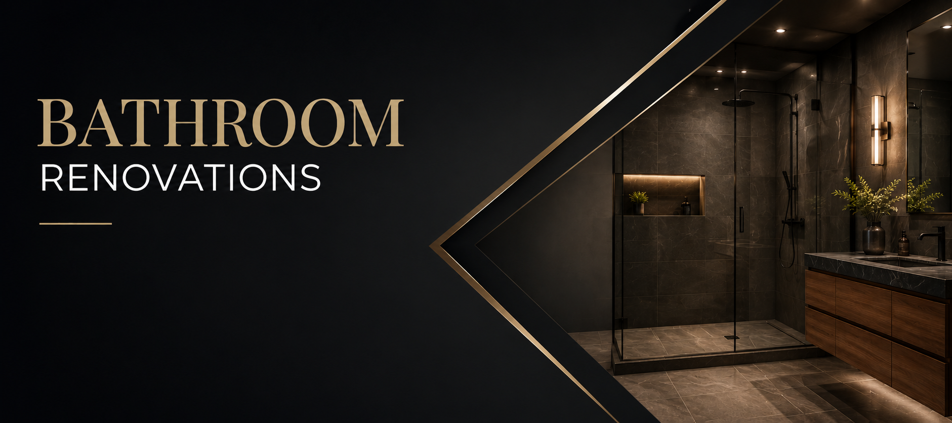 Premium bathroom renovation hero banner featuring a modern walk-in shower, flaoting wood vanity, black fixtures and a dark luxury design, representing custom bathroom remodeling in London, Ontario