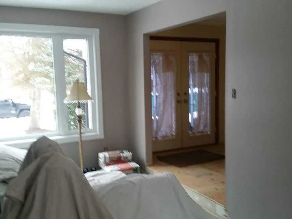Living room with a bed, a standing lamp, a window, and a door with curtains leading outside.
