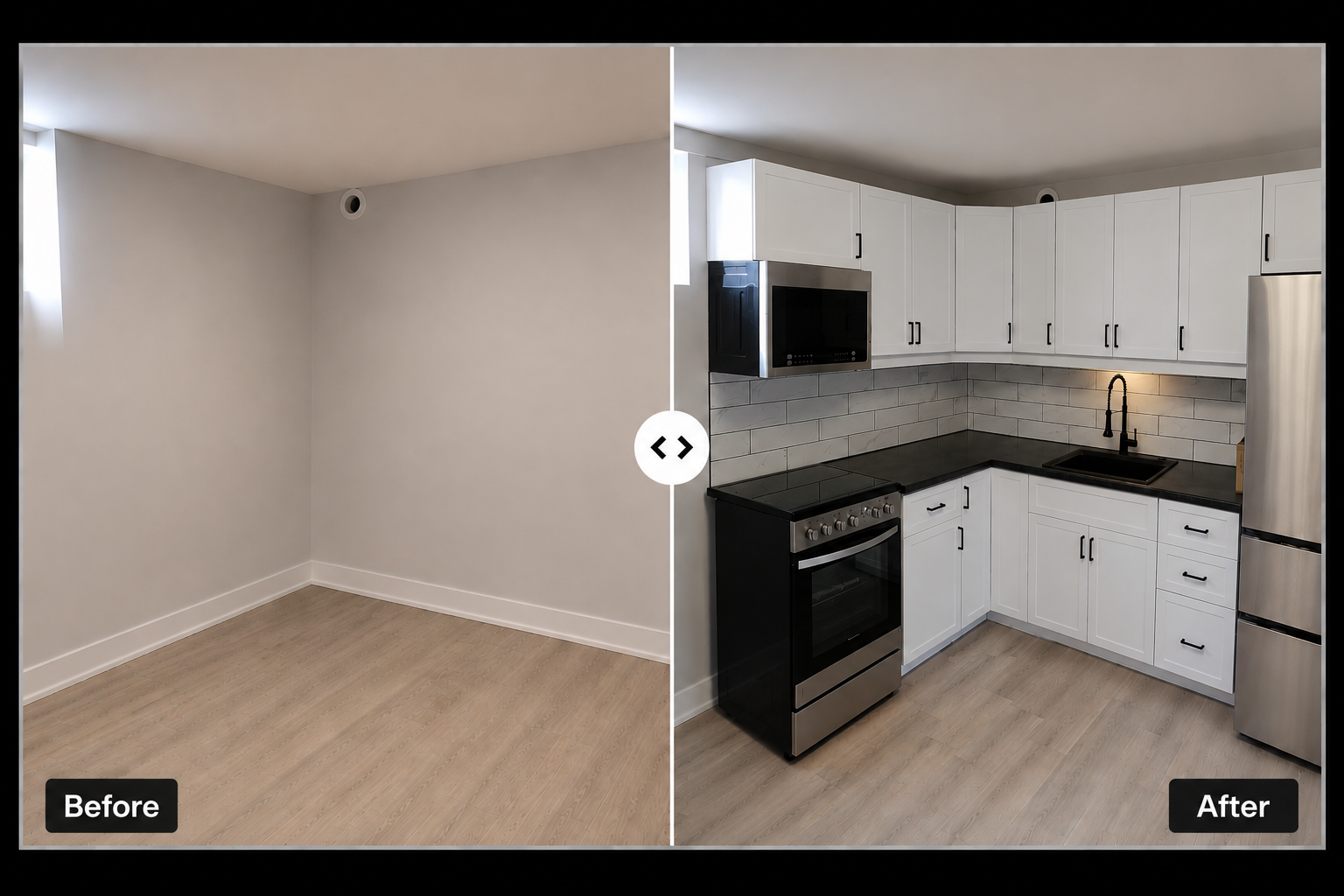 Comparison of a vacant room before and a modern, fully equipped kitchen after renovation.
