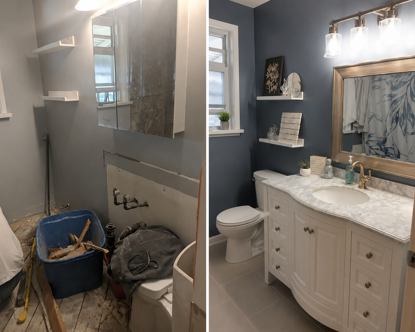 Completed bathroom renovation with traditional design and decor,  fresh paint, new victorian-style vanity, quartz counter, new lighting, shelves and mirror.