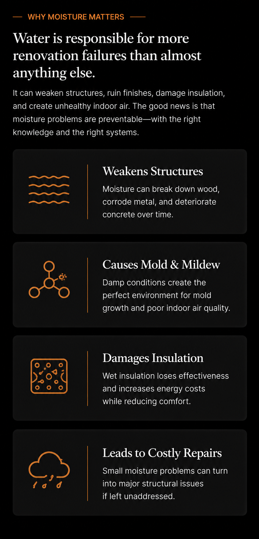 Infographic titled 'Why Moisture Matters' explaining the impact of water on structures, mold, insulation, and repair costs with icons representing wavy lines, molecular structure, porous material, and rain cloud.