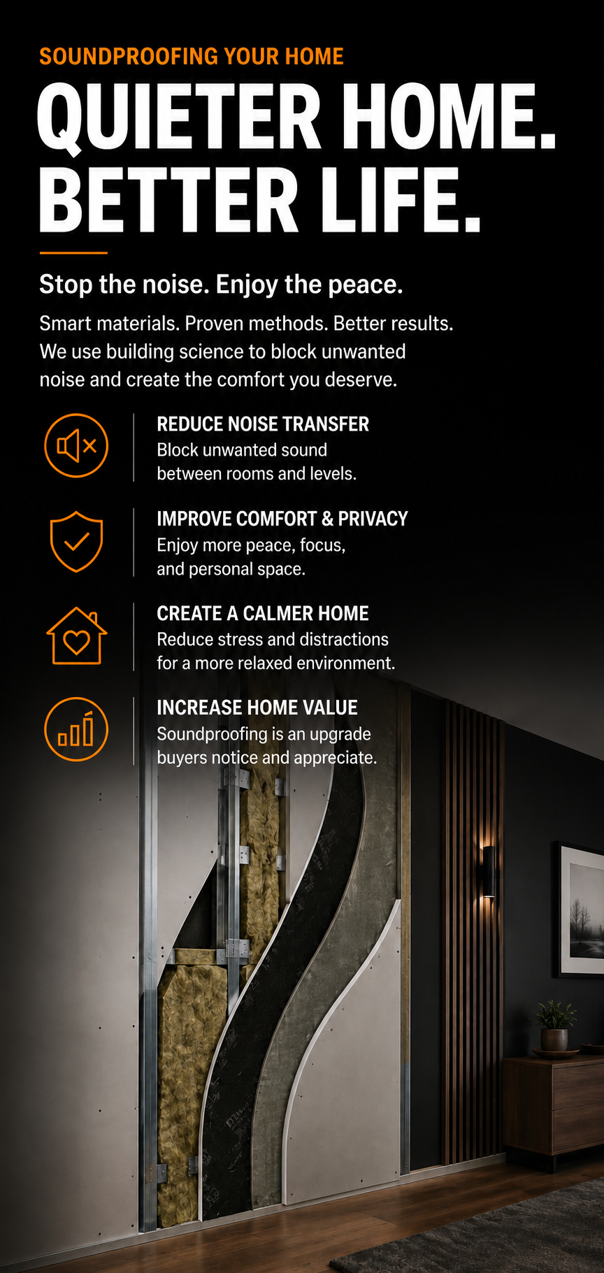 Poster with a black background promoting soundproofing your home. Features large white text stating 'Quieter Home. Better Life.' and bullet points about reducing noise transfer, improving comfort and privacy, creating a calmer home, and increasing home value, with orange icons illustrating each point, and an image of a partial wall with soundproofing insulation inside.