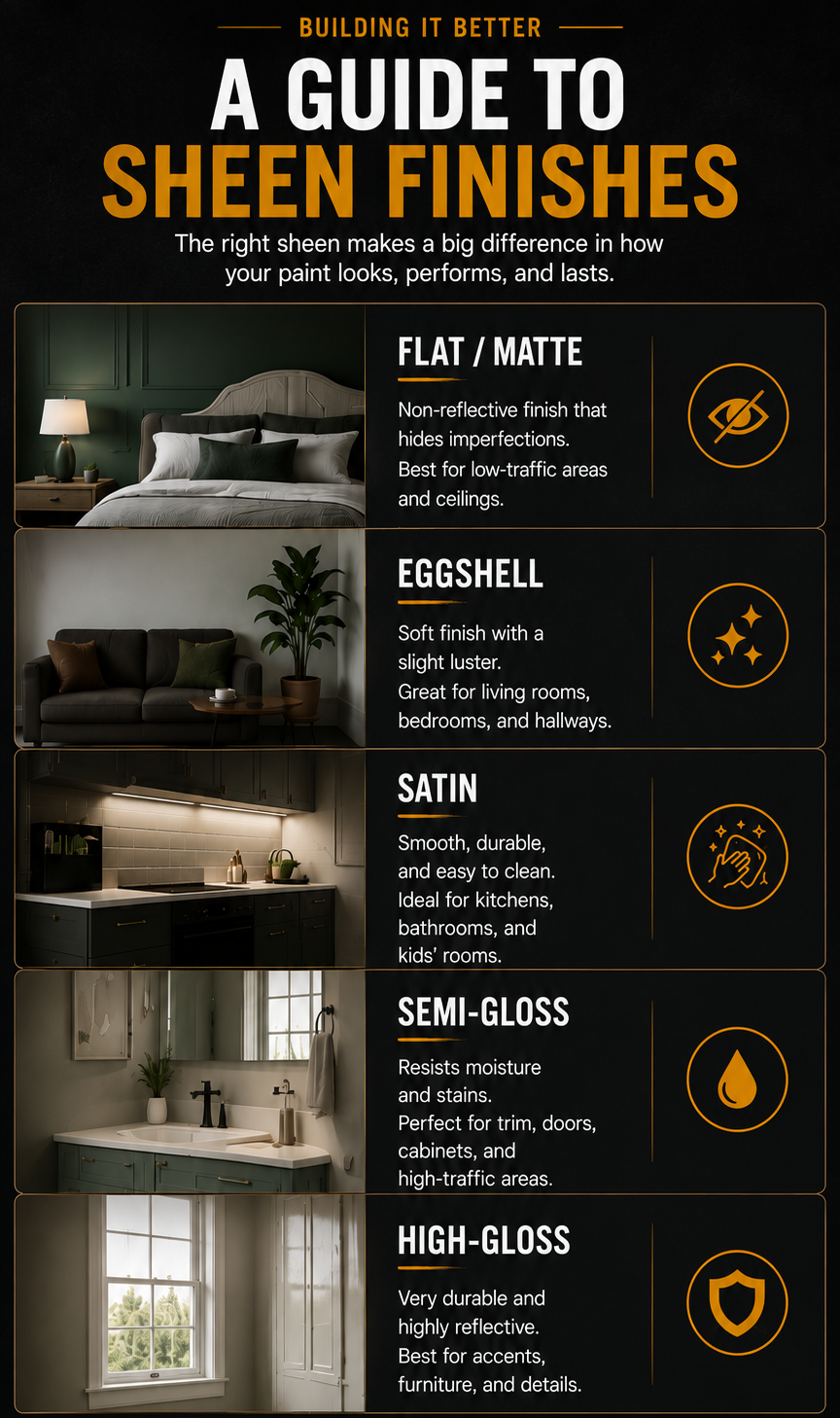 Educational infographic explaining paint sheen finishes, comparing flat, matte, eggshell, satin, semi-gloss, and high-gloss paints, with recommendations for different rooms and surfaces.