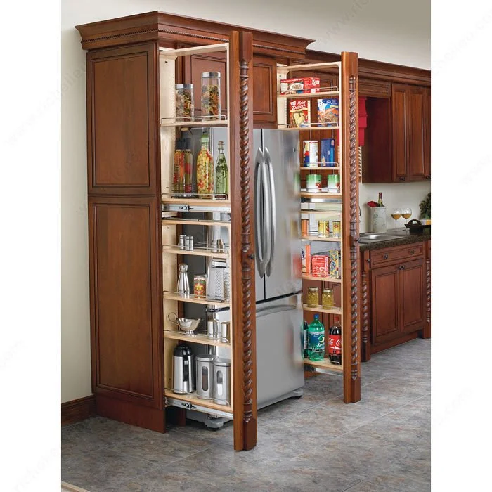 image shows dual pullout full height shelves for narrow pantry spaces