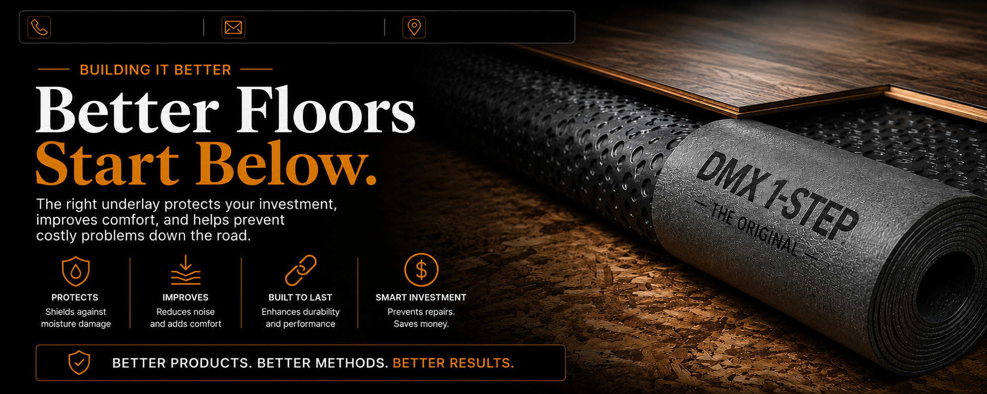 Engineered wood plank flooring beside a moisture-protective underlayment, illustrating the importance of a quality floor system for durability, comfort, and moisture protection.