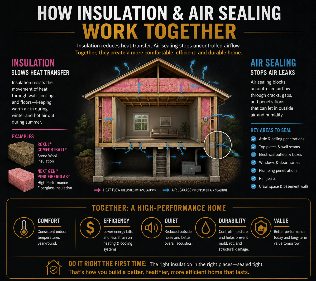 Educational infographic showing how insulation slows heat transfer while air sealing stops unwanted air leaks, working together to improve comfort, energy efficiency, moisture control, and long-term home performance.