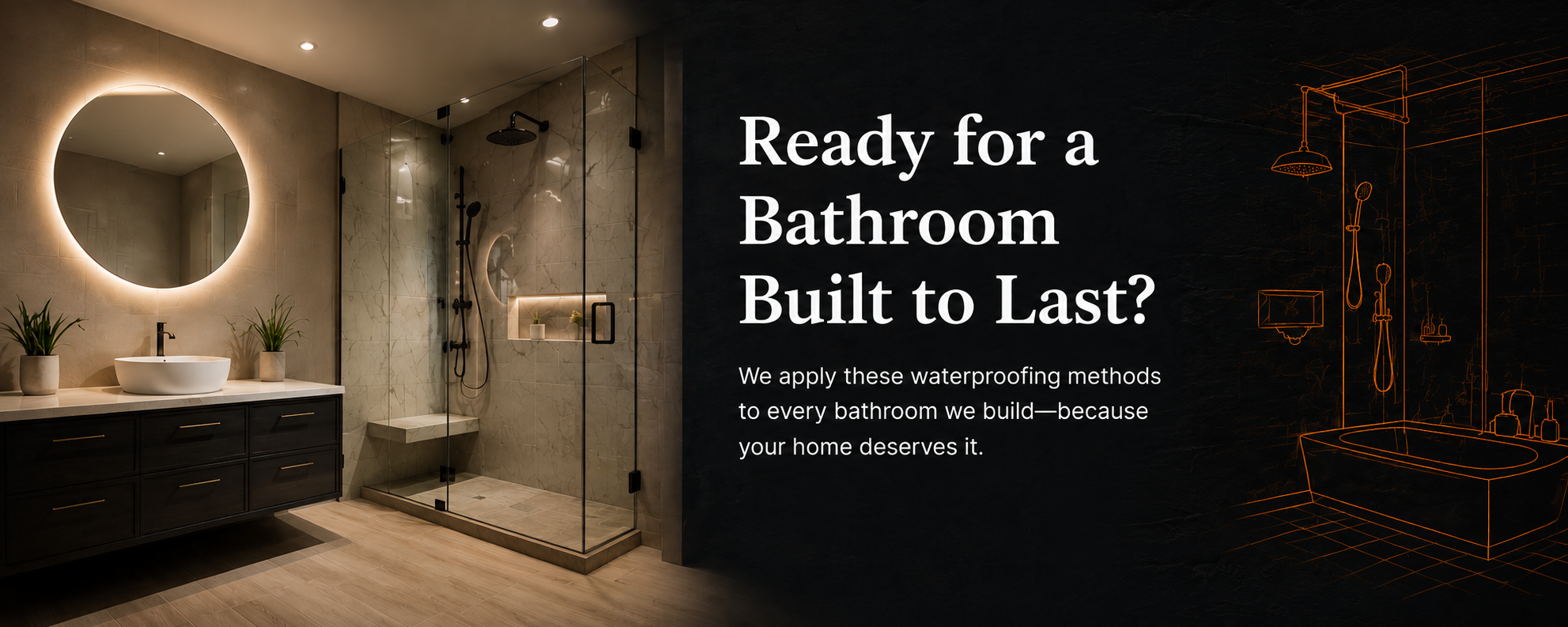 Modern bathroom with a round backlit mirror, white vessel sink on dark vanity, potted plants on either side, glass-enclosed shower with black fixtures, and a black wall with white text about waterproofing methods for lasting bathrooms.