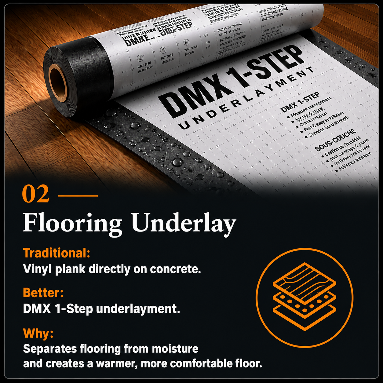 DMX 1-Step flooring underlay installed beneath luxury vinyl plank flooring, illustrating how a moisture-protective underlay improves comfort, durability, and long-term floor performance.