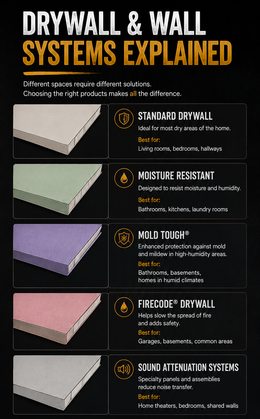 Educational infographic explaining how modern drywall wall systems combine framing, insulation, drywall, air sealing, finishing, and specialty materials to create stronger, quieter, safer, and more durable interior walls.