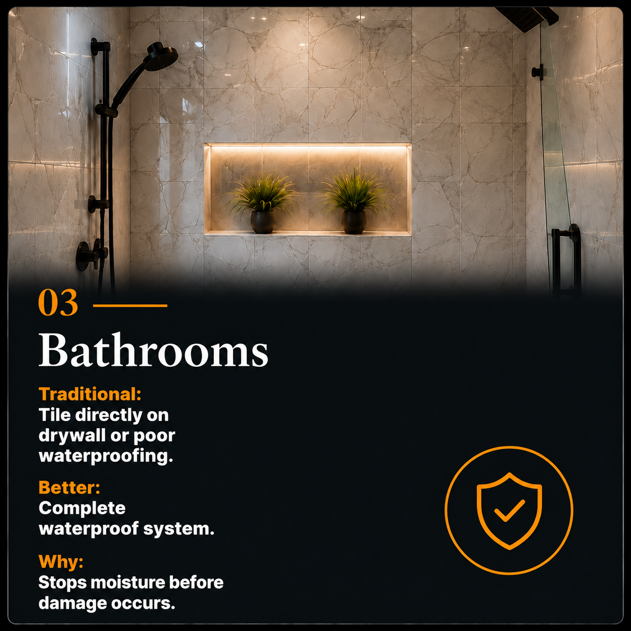 Modern walk-in tile shower with a complete waterproofing system, illustrating proper bathroom waterproofing methods that protect against moisture damage, mold, and leaks.