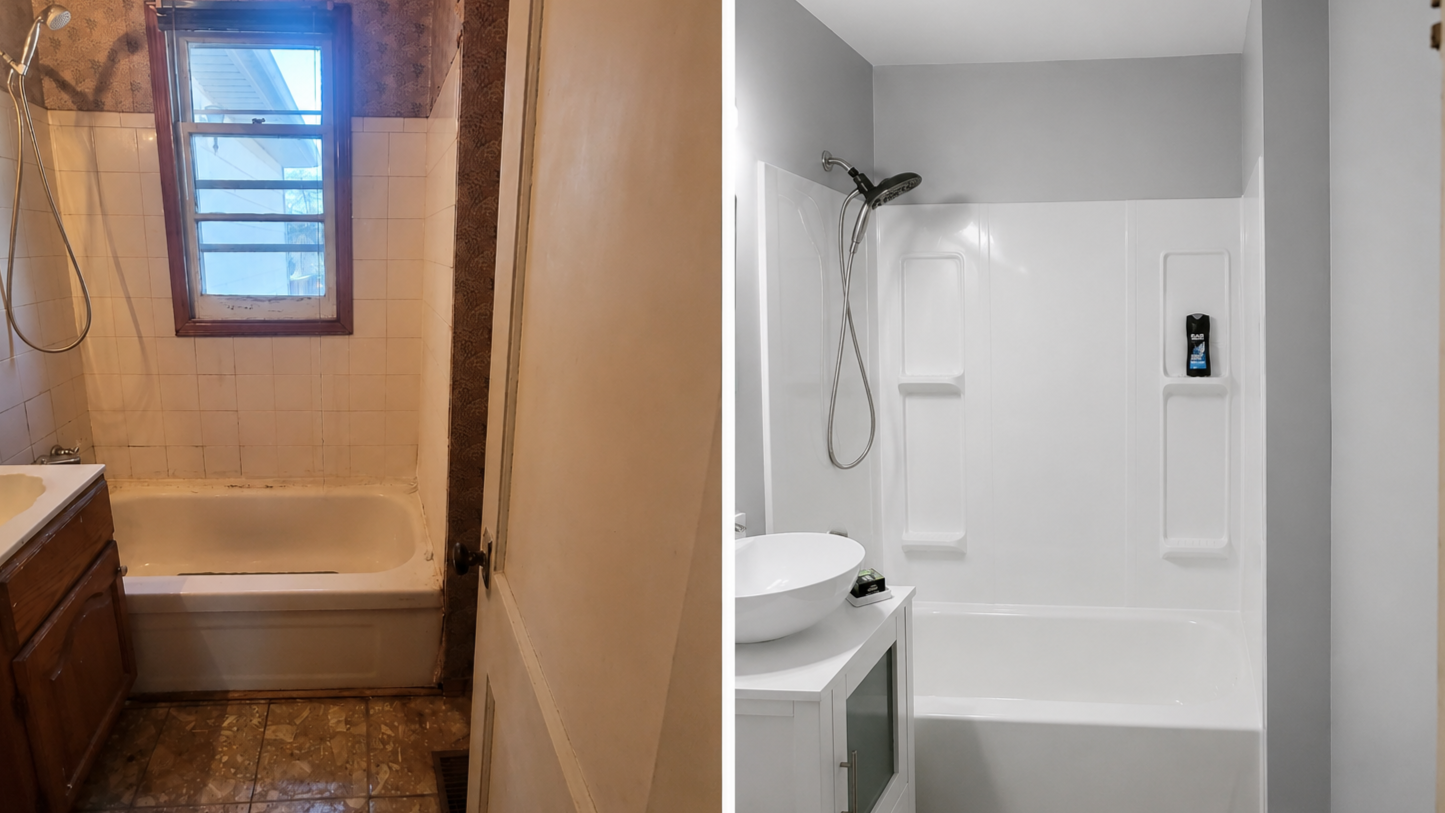 Willow Drive complete bathroom renovation, window removed, new drywall, paint and trim, vanity with bowl sink, new fixtures, new acrylic tub and shower surround