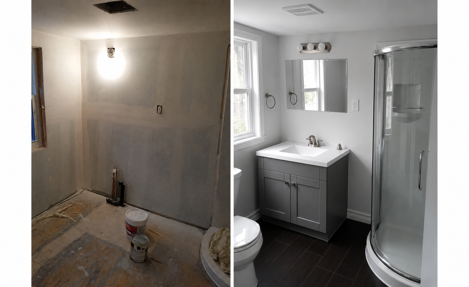 Complete Bathroom renovation featuring grey vanity with stone counter and new fixtures, brown tile floor and setp-in corner shower with curved glass surroung and door.