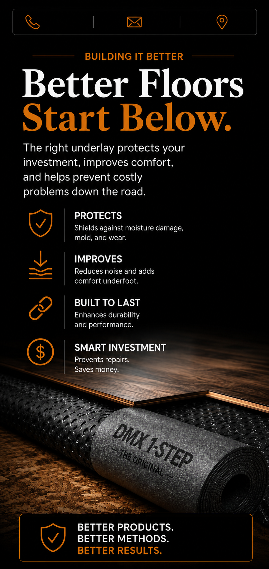 Infographic about flooring underlayments, emphasizing starting with the right underlay for better floors, protection, comfort, durability, and cost savings, with a rolled foam underlayment labeled 'DMX 1-STEP THE ORIGINAL' visible at the bottom.