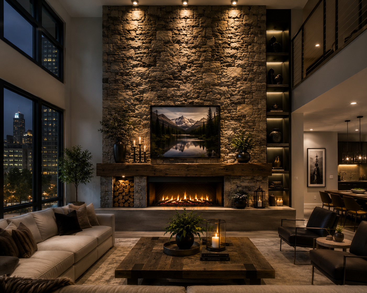 This design modeled by Peckham Pro shows a floor to ceiling rock fireplace with custom shelving, fireplace and a recovered beam mantle centerpiece with modern and warm accent lighting that adds focus and warmth