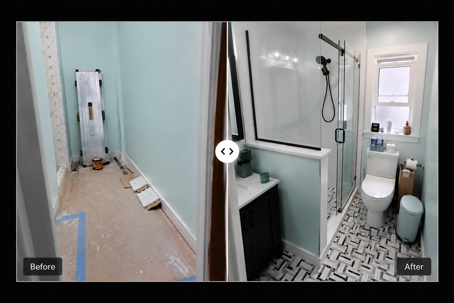 Comparison of a bathroom renovation showing an unfinished space on the left with a completed, decorated bathroom on the right, including a shower, toilet, and vanity.