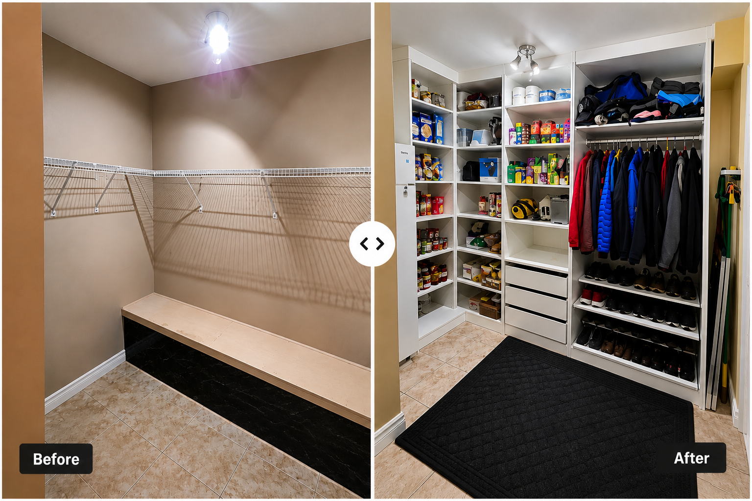 Comparison of a walk-in closet before and after organization. The "Before" side shows an empty closet with beige walls, wire shelves, and tiled floors. The "After" side shows a neatly organized closet with shelves filled with food, beverages, and household items, clothing hanging on a rod, shoes on racks, and a black rug on the floor.