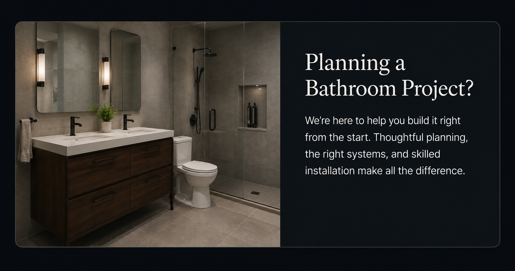 A modern bathroom with double vanity sinks, large mirrors, wall sconces, potted plant, walk-in shower with glass door, and neutral gray tiles.