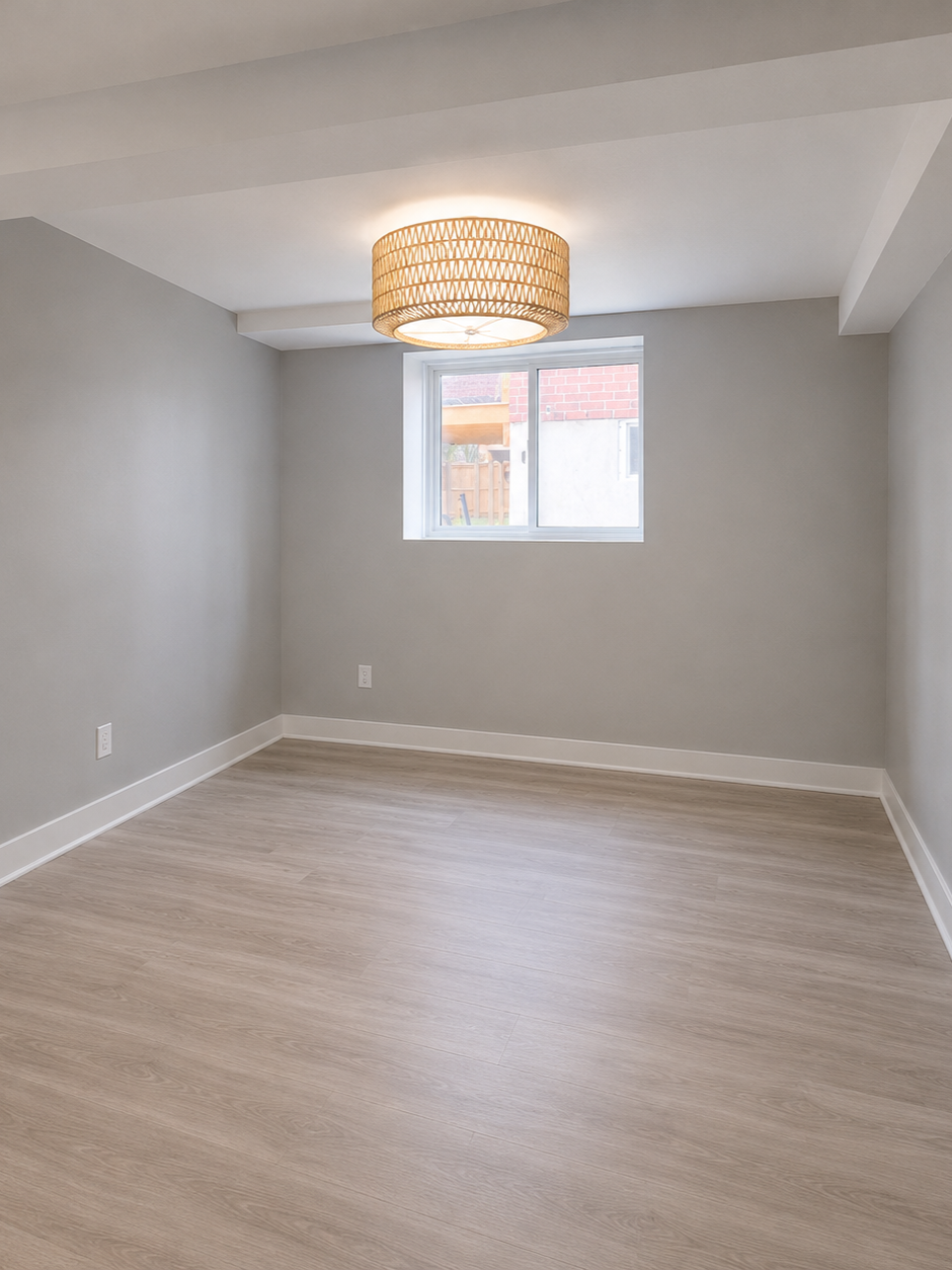 Bright Private Bedroom Large egress window Spacious layout Luxury vinyl flooring Contemporary lighting
