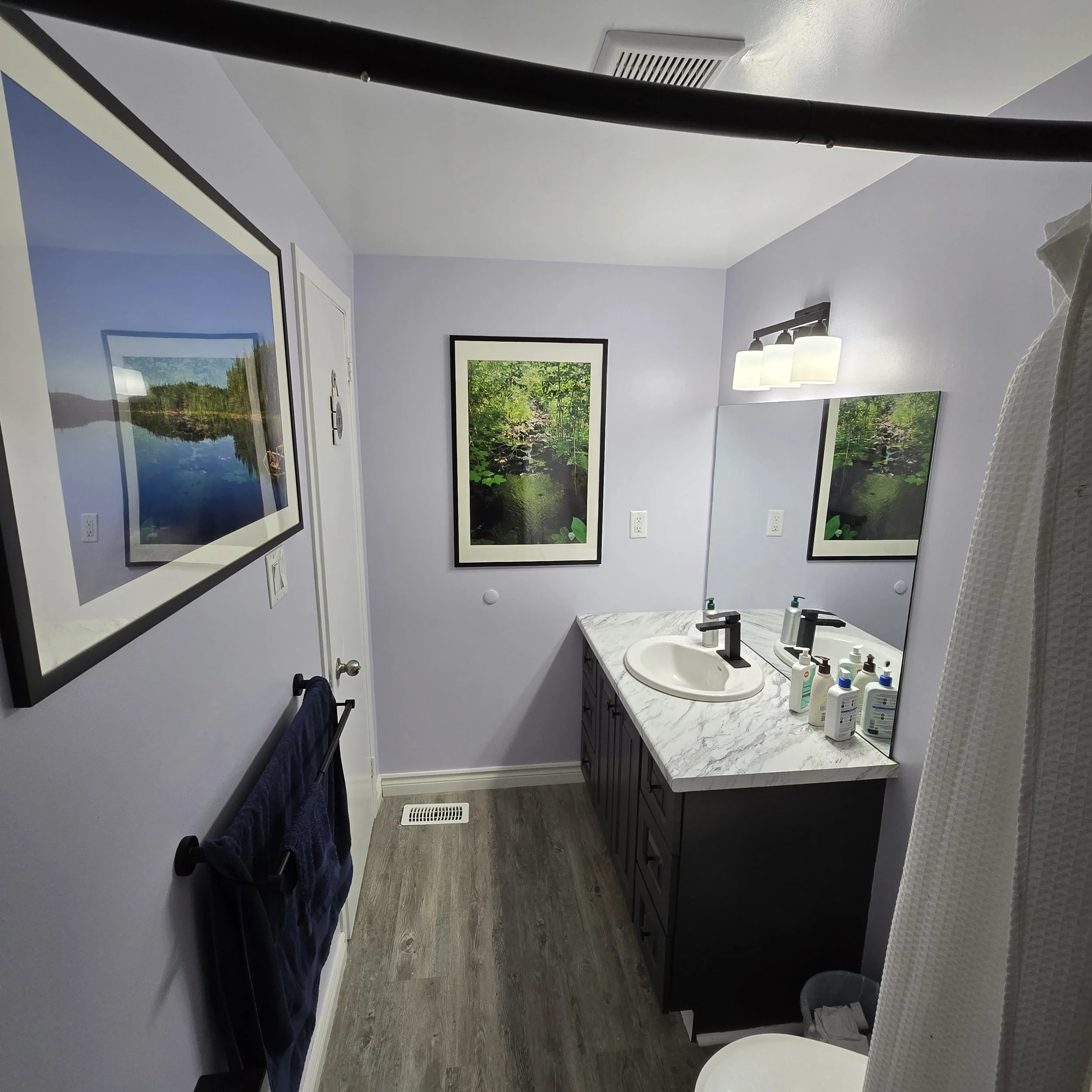 Renovated bathroom in London, Ontario featuring a restored vanity with quartz-look countertop, luxury vinyl plank flooring, upgraded ventilation, moisture-resistant paint, and modern matte black fixtures by Peckham Professional Contracting.