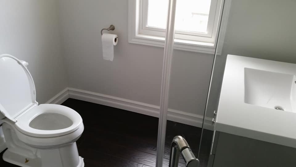 Modern bathroom featuring a glass shower enclosure, white toilet, and clean minimalist finishes after renovation.