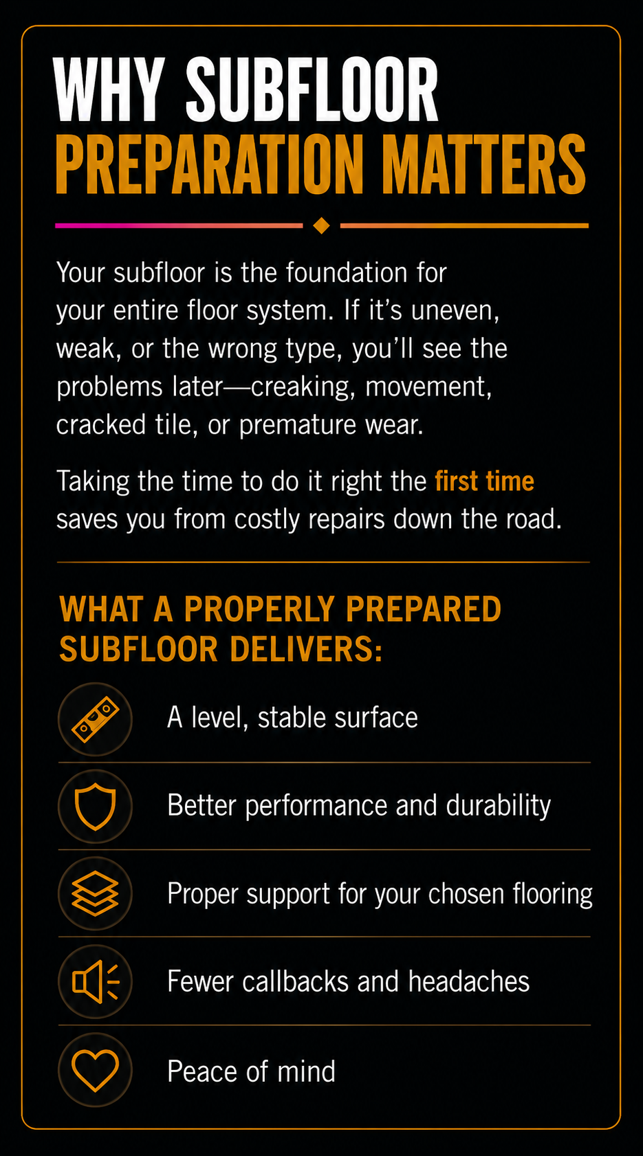 Infographic explaining why subfloor preparation matters, including benefits of a properly prepared subfloor such as a level surface, durability, proper support, fewer callbacks, and peace of mind.