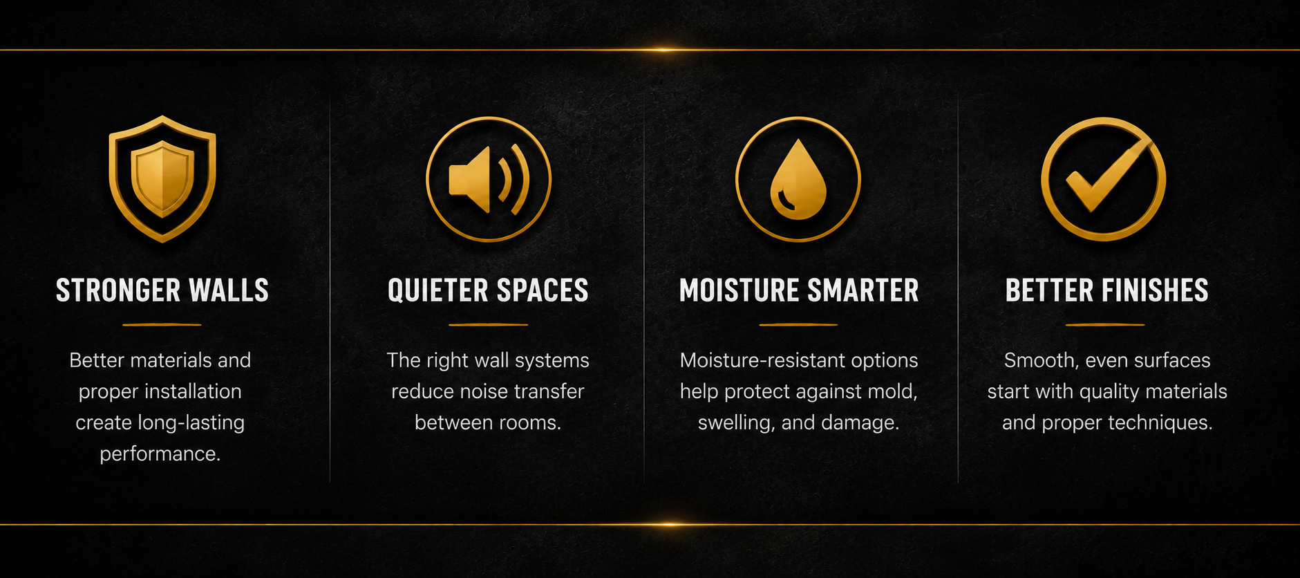 Educational infographic explaining how choosing the right drywall or Sheetrock® product improves moisture resistance, sound control, fire protection, durability, and the long-term performance of interior wall systems.