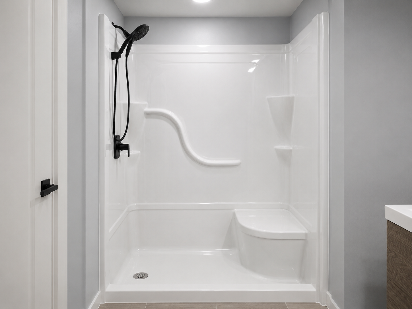 Basement bathroom installation Alcove Shower with Bench Seat