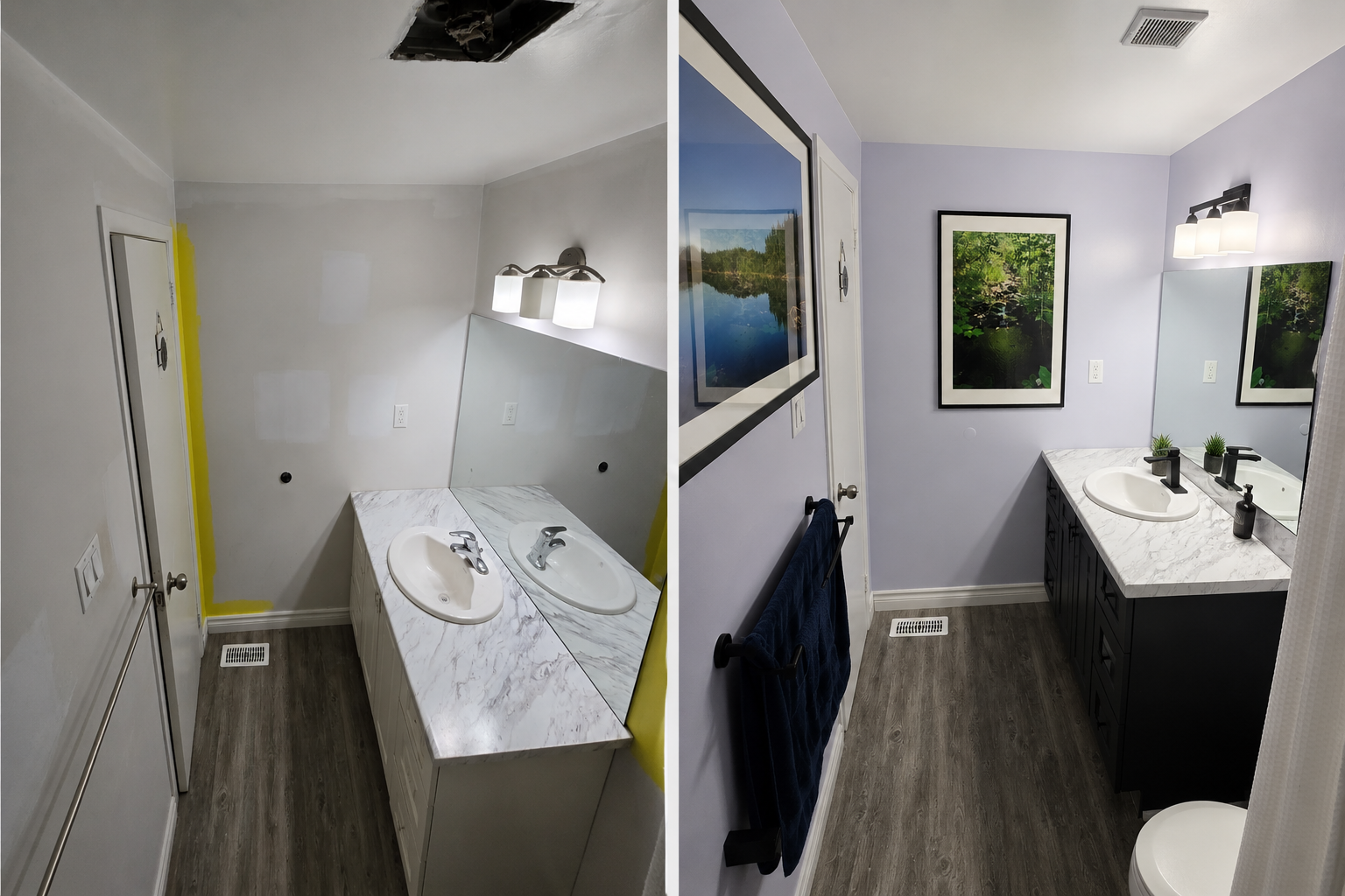 Bathroom refresh with newly painted ceinling and walls, restored vanity, upgraded fixures and exhaust fan and custom wall art.