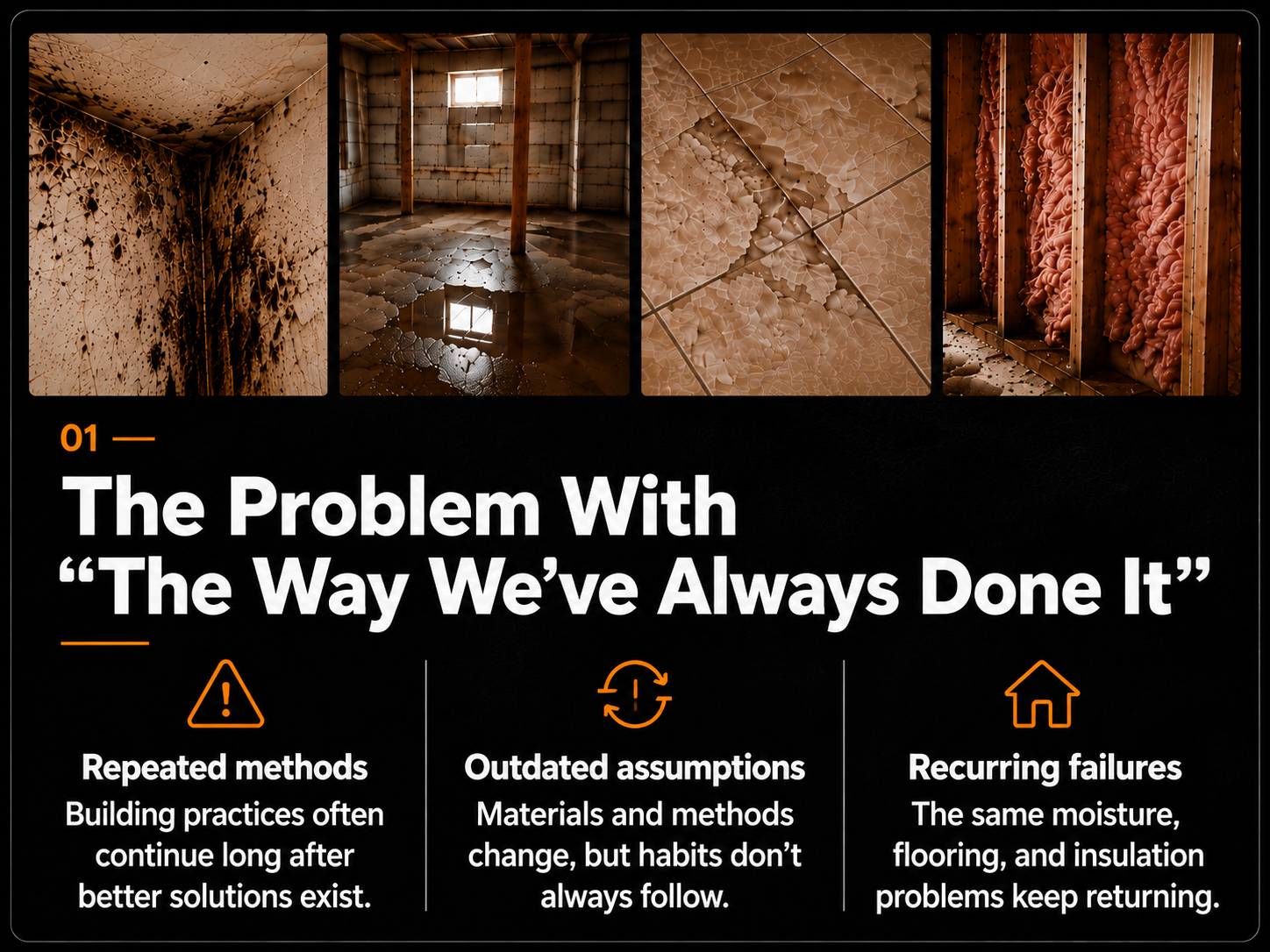 A presentation slide with four images at the top showing various stages of insulation installation or inspection in a building. The slide is titled 'The Problem With The Way We’ve Always Done It' and discusses issues with building practices, outdated assumptions, and recurring failures related to insulation and building maintenance.