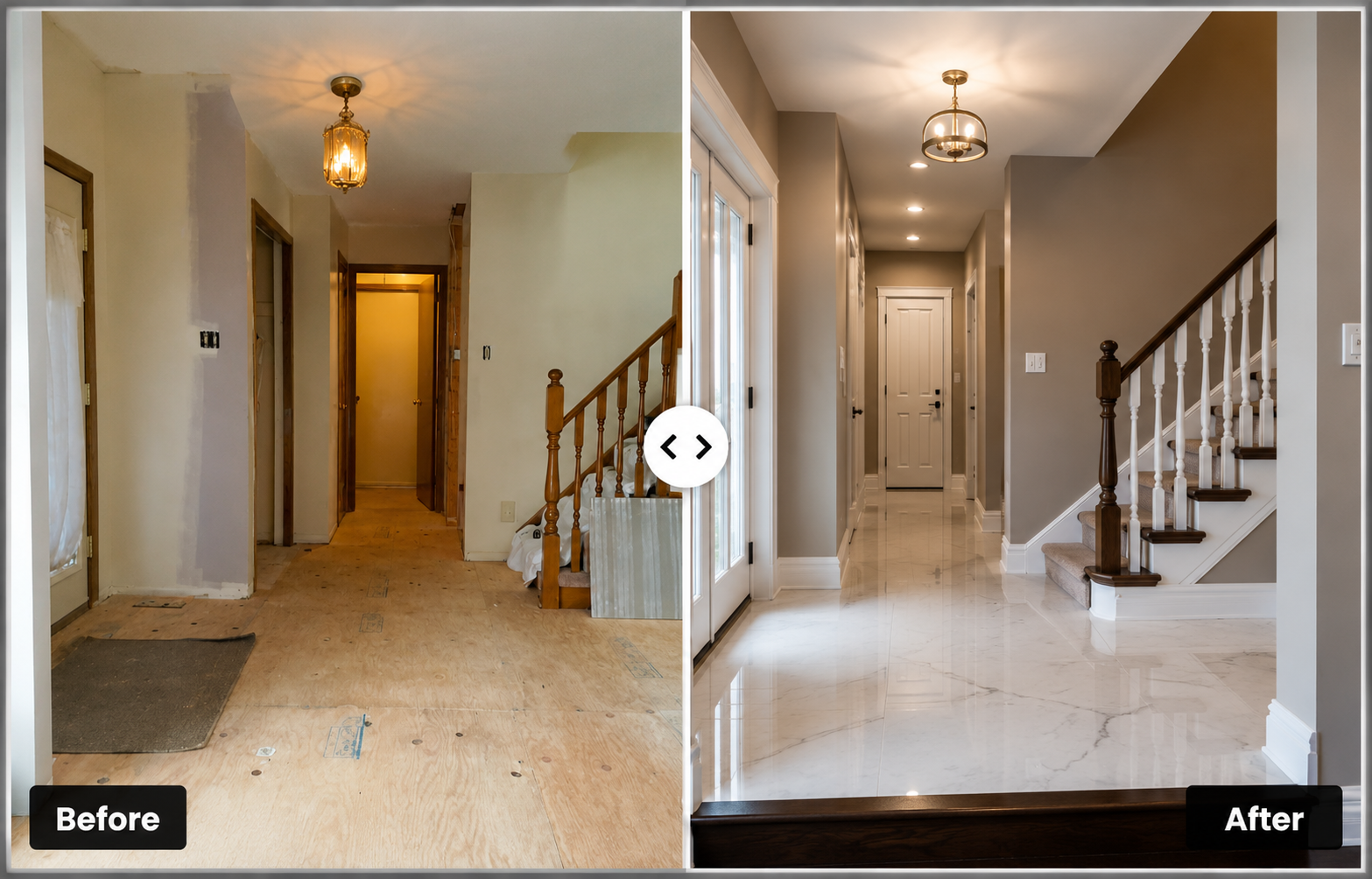 Comparison of a renovated home interior, showing a hallway before and after renovation. The 'before' side has unfinished flooring, unpainted walls, and a simple light fixture. The 'after' side features finished flooring with marble tiles, painted walls, and upgraded lighting fixtures.
