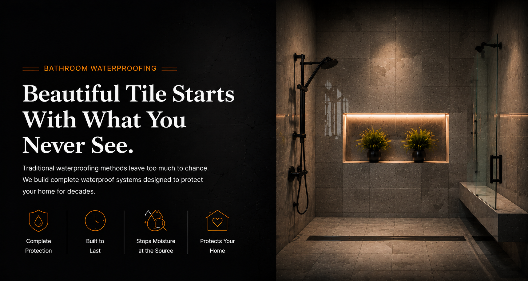 Luxury walk-in tile shower illustrating a complete bathroom waterproofing system designed to prevent leaks, control moisture, and protect walls and framing for long-term durability.
