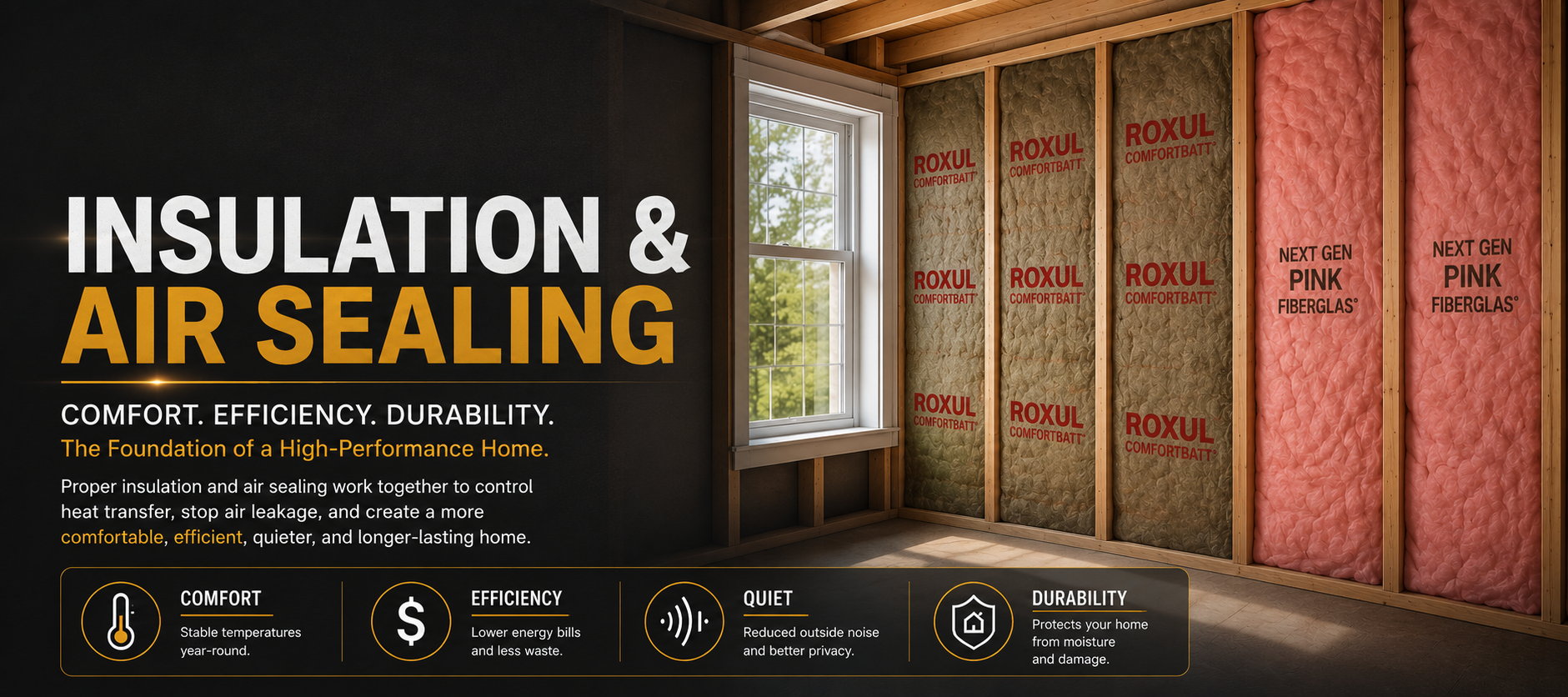 Professional insulation and air sealing guide showing ROXUL ComfortBatt and Owens Corning Next Gen PINK fiberglass installed in wall framing for energy-efficient home construction.