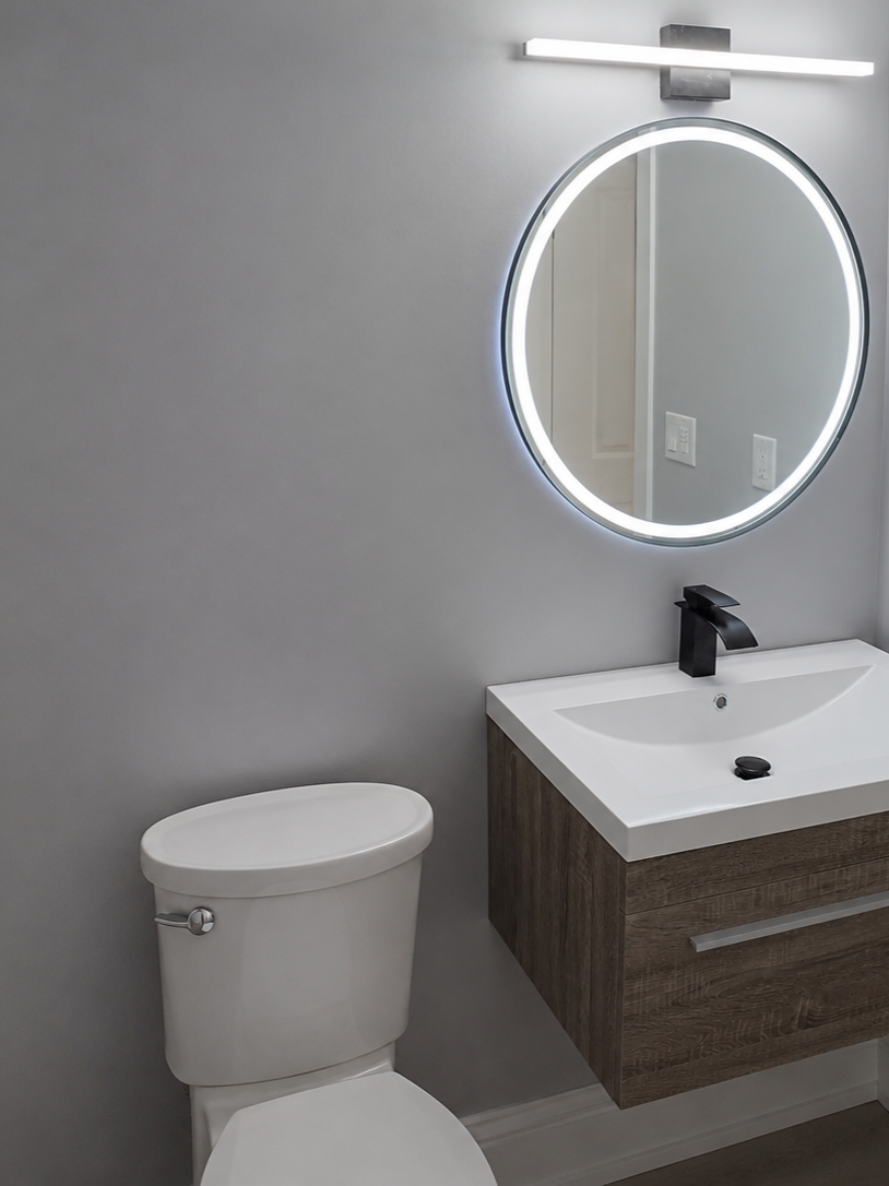Luxury 3-Piece Bathroom Custom shower with built-in seat Floating vanity LED mirror Matte black fixtures